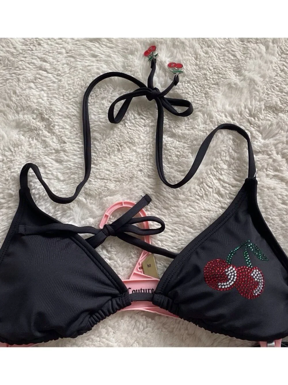 Juicy‎ Couture Cherry Rhinestone Bikini Set Ladies Women’s Sz M Black Bling NEW